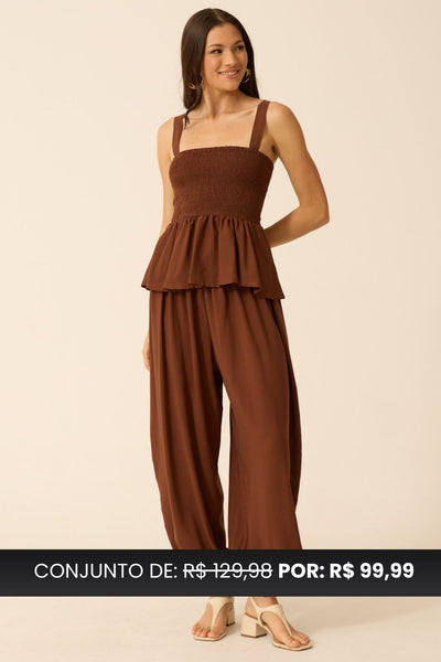 CONJUNTO CALÇA ALADIM + BLUSA PEPLUM MARROM