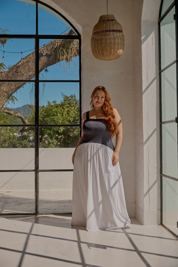 VESTIDO LONGO BICOLOR EM POLIAMIDA PRETO COM OFF