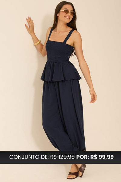 CONJUNTO CALÇA ALADIM + BLUSA PEPLUM MARINHO
