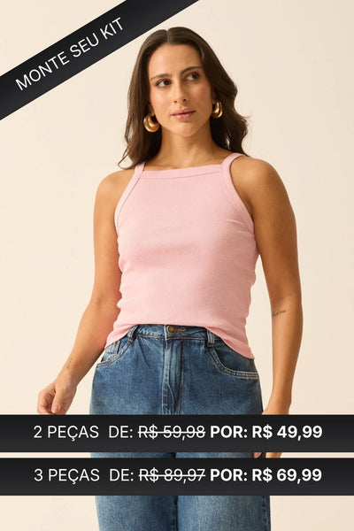 REGATA COM DECOTE QUADRADO EM RIBANA ROSA QUARTZ