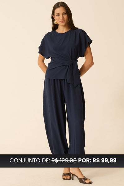 CONJUNTO CALÇA ALADIM + BLUSA AMARRAÇÃO LATERAL MARINHO