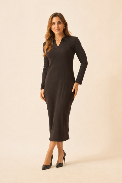 VESTIDO POLO MIDI RIBANA CANELADA PRETO