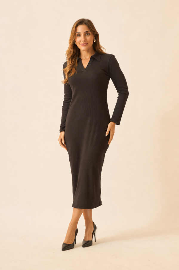 VESTIDO POLO MIDI RIBANA CANELADA PRETO