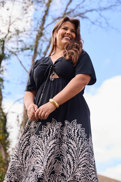 VESTIDO MIDI COM AMARRACAO RENDA