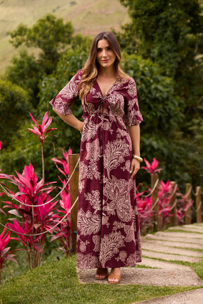 VESTIDO LONGO COM AMARRACAO FLOR DE RENDA VINHO