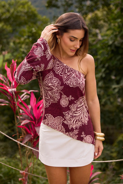 BLUSA ASSIMETRICA UM OMBRO SO FLOR DE RENDA VINHO