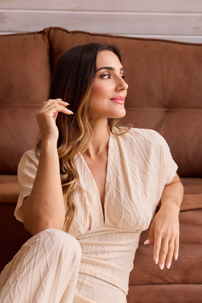 BLUSA DECOTE V JACQUARD TRANÇADO CINZA ALGODÃO