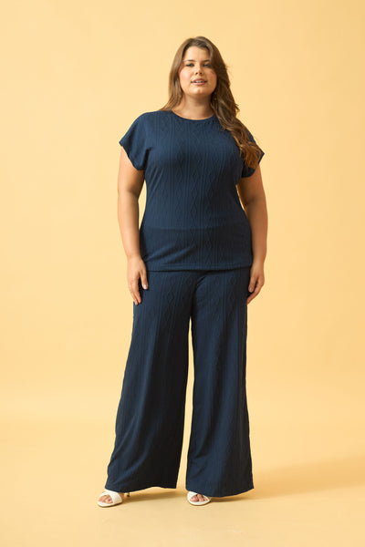 CALÇA RETA JACQUARD TRANÇADO MARINHO