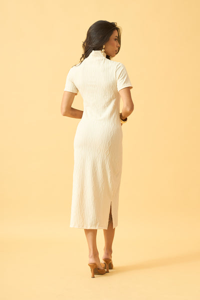 VESTIDO MIDI COM GOLA JACQUARD TRANÇADO CINZA ALGODÃO