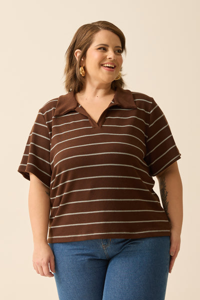 BLUSA POLO COM GOLA COLMEIA LISTRADO MARROM
