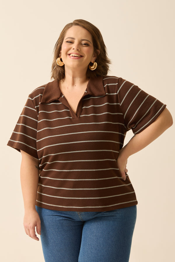 BLUSA POLO COM GOLA COLMEIA LISTRADO MARROM