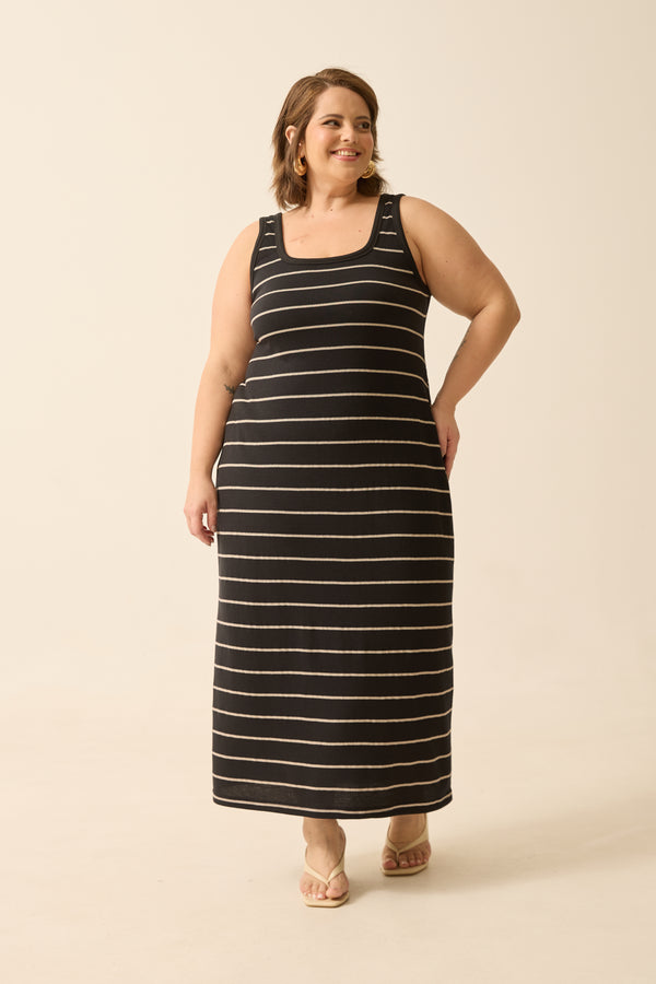 VESTIDO MIDI REGATA COLMEIA LISTRADO PRETO