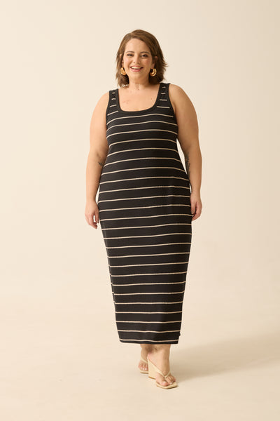 VESTIDO MIDI REGATA COLMEIA LISTRADO PRETO