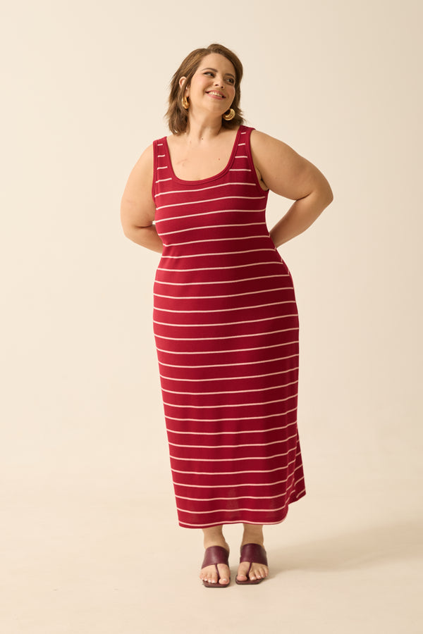 VESTIDO MIDI REGATA COLMEIA LISTRADO VINHO
