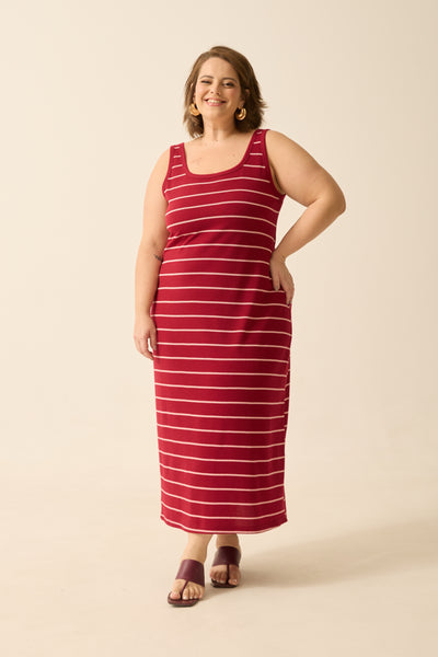 VESTIDO MIDI REGATA COLMEIA LISTRADO VINHO