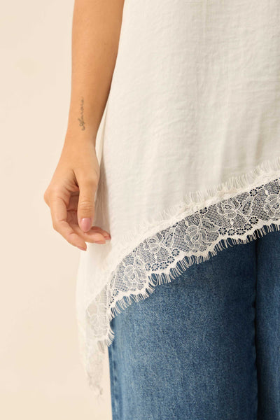 BLUSA ASSIMÉTRICA COM RENDA CRINCLE LISO OFF-WHITE