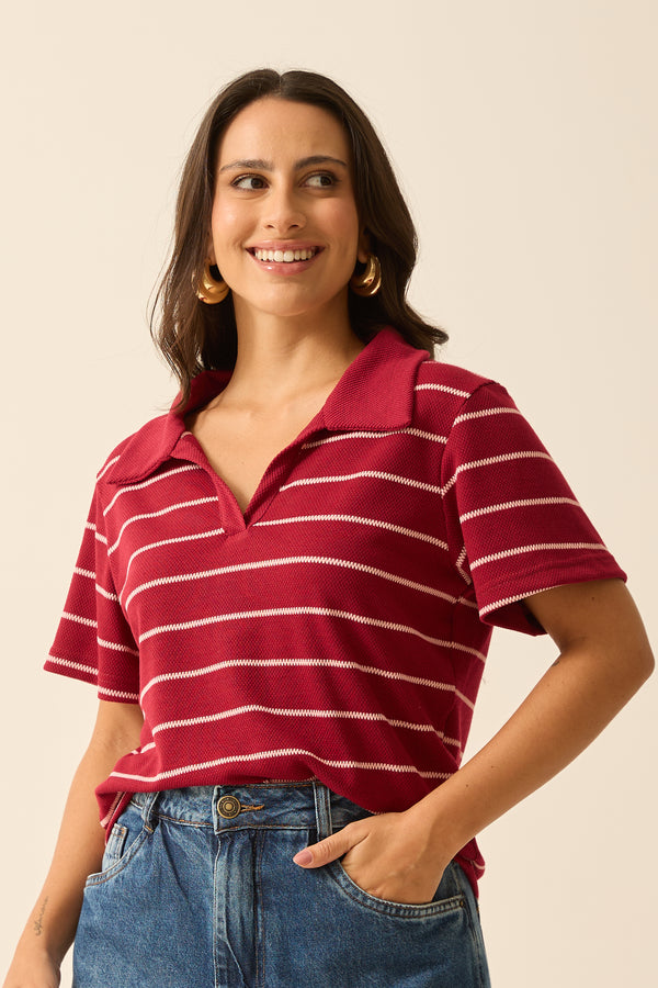 BLUSA POLO COM GOLA COLMEIA LISTRADO VINHO