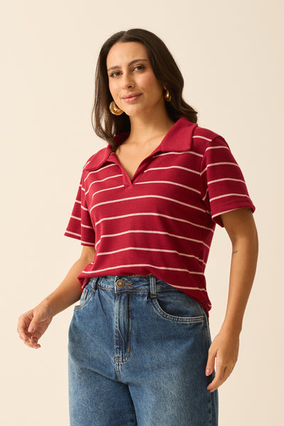 BLUSA POLO COM GOLA COLMEIA LISTRADO VINHO