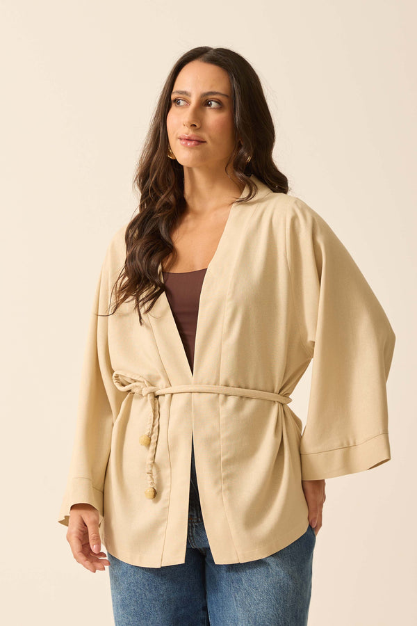 KIMONO COM MANGA LONGA E CADARÇO BEGE
