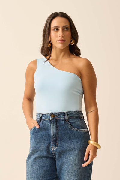 BLUSA UM OMBRO SÓ EM POLIAMIDA AZUL CÉU