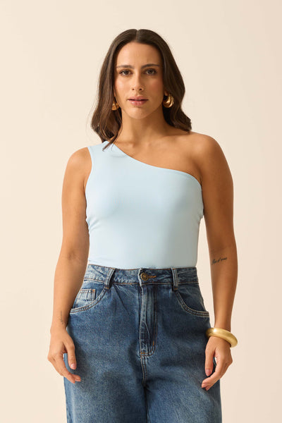 BLUSA UM OMBRO SÓ EM POLIAMIDA AZUL CÉU
