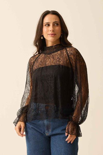 BLUSA COM AMARRAÇÃO RENDA FLORENÇA PRETO