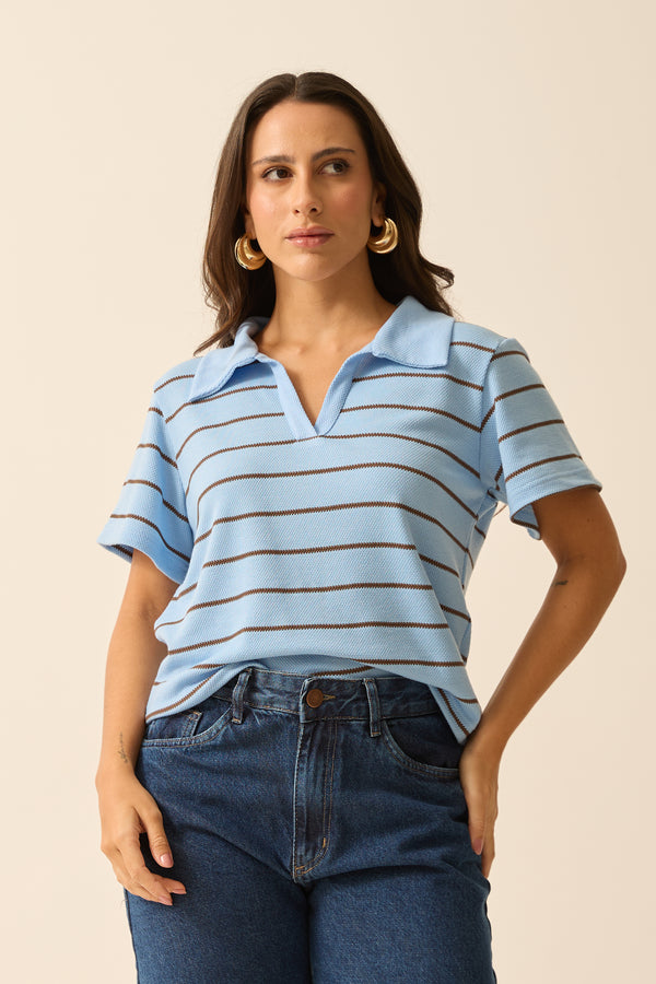 BLUSA POLO COM GOLA COLMEIA LISTRADO AZUL