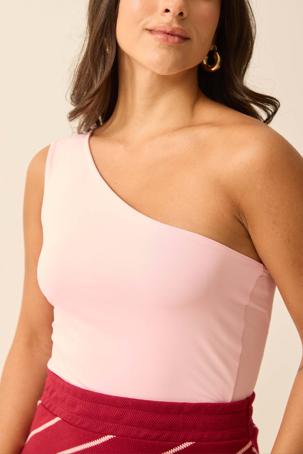 BLUSA UM OMBRO SÓ EM POLIAMIDA ROSA QUARTZ