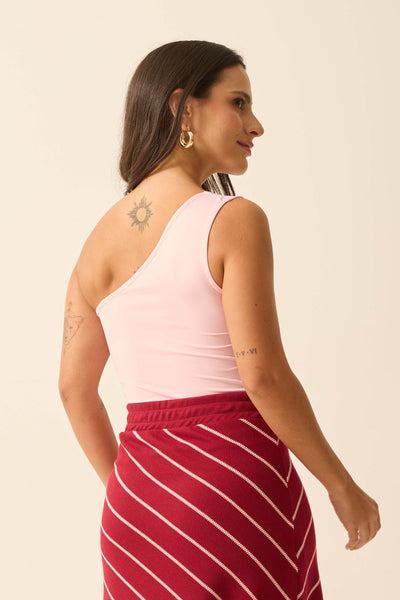 BLUSA UM OMBRO SÓ EM POLIAMIDA ROSA QUARTZ