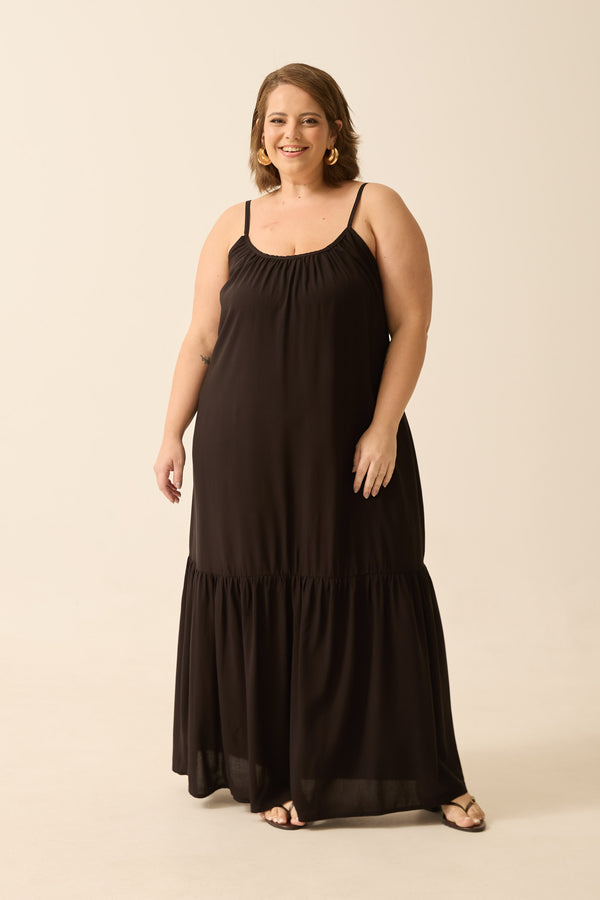 VESTIDO LONGO CROPPED COM BABADO PRETO