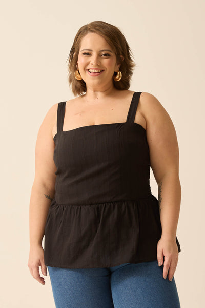 BLUSA COM ALÇA PEPLUM BORDADO LISTRAS PRETO