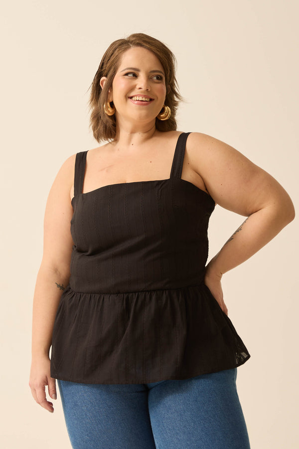 BLUSA COM ALÇA PEPLUM BORDADO LISTRAS PRETO
