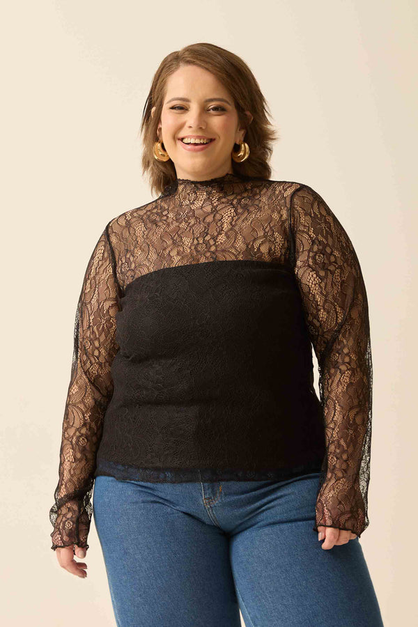 BLUSA SEGUNDA PELE RENDA FLORENÇA PRETO