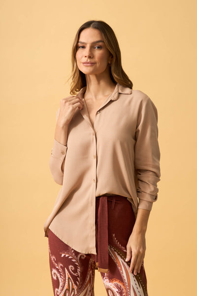 BLUSA SOCIAL COM BOTOES RAYON SLUB BEGE QUENTE