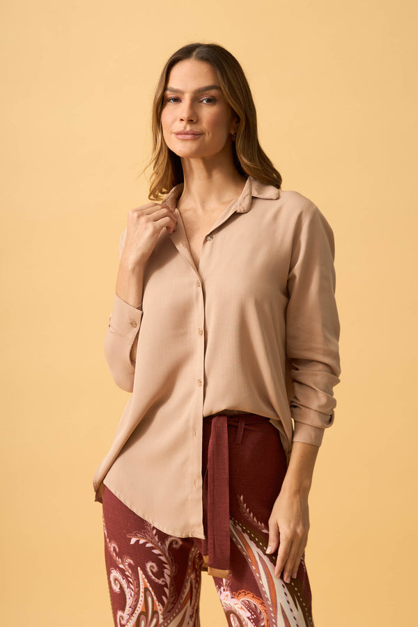 BLUSA SOCIAL COM BOTOES RAYON SLUB BEGE QUENTE