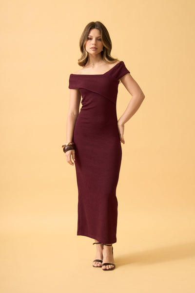 VESTIDO MIDI OMBRO A OMBRO TRANSPASSADO AMEIXA