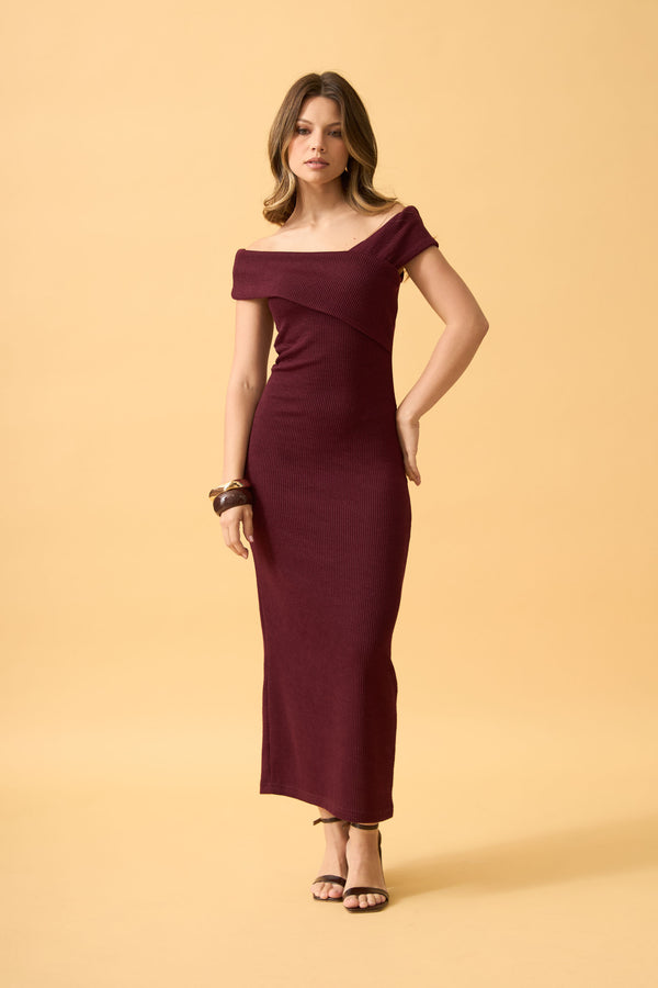 VESTIDO MIDI OMBRO A OMBRO TRANSPASSADO AMEIXA
