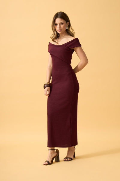 VESTIDO MIDI OMBRO A OMBRO TRANSPASSADO AMEIXA