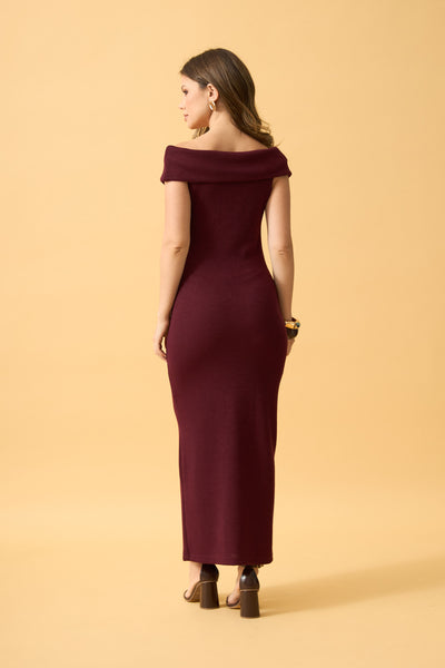 VESTIDO MIDI OMBRO A OMBRO TRANSPASSADO AMEIXA