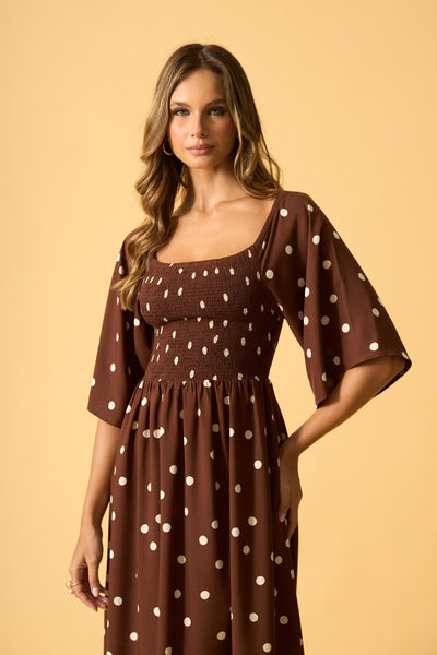 VESTIDO LONGO COM DECOTE QUADRADO MAXI POA MARROM