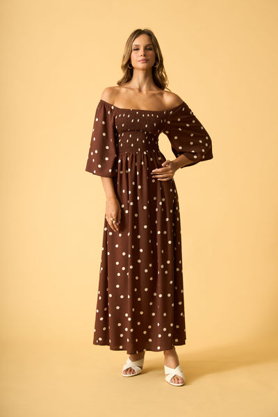 VESTIDO LONGO COM DECOTE QUADRADO MAXI POA MARROM