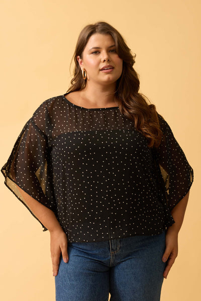 BLUSA COM MANGA FLUIDA EM CHIFFON MINI POA PRETO