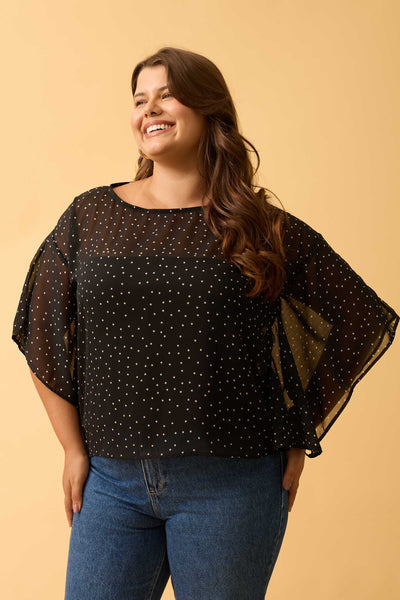 BLUSA COM MANGA FLUIDA EM CHIFFON MINI POA PRETO