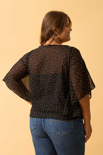 BLUSA COM MANGA FLUIDA EM CHIFFON MINI POA PRETO