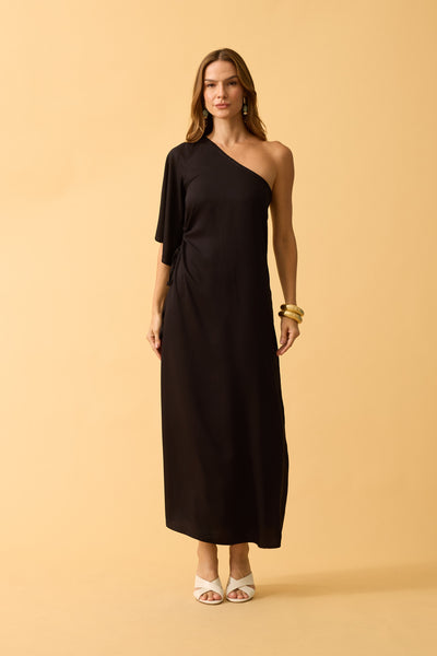 VESTIDO LONGO UM OMBRO SO TWILL PRETO