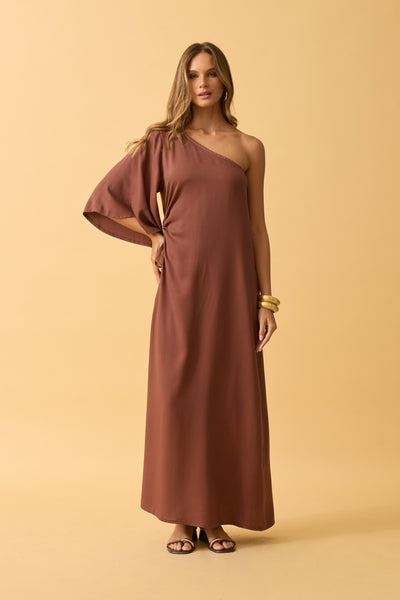 VESTIDO LONGO UM OMBRO SO TWILL CAPPUCCINO