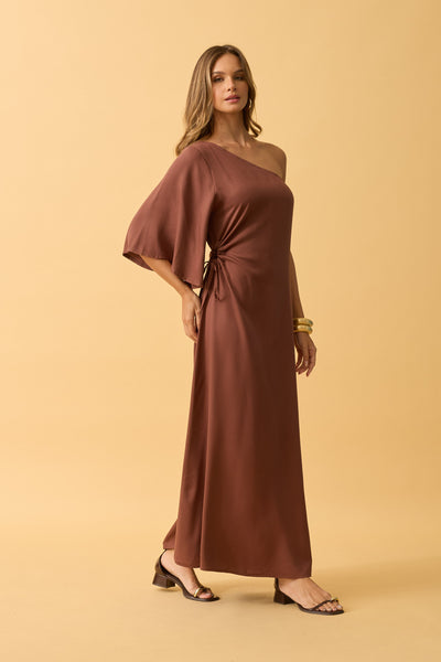 VESTIDO LONGO UM OMBRO SO TWILL CAPPUCCINO