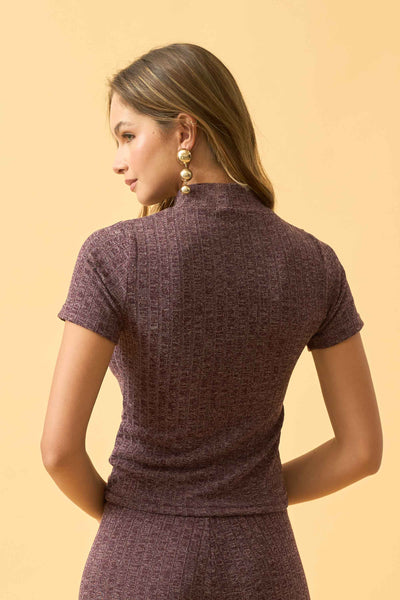 BLUSA CANELADA FLANEL GOLA ALTA E MANGA ROXO FRUTADO