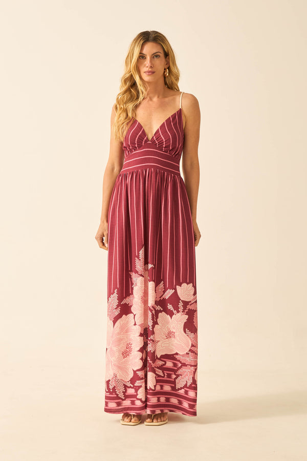 VESTIDO LONGO COM ALÇA LISTRADO PEÔNIAS