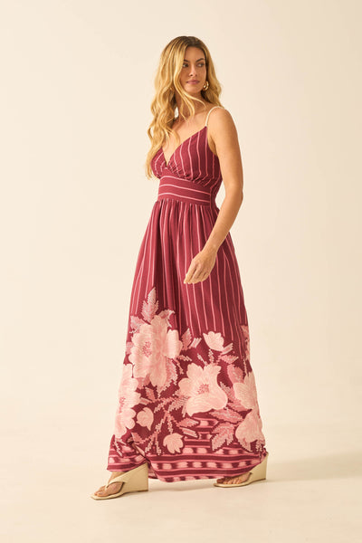 VESTIDO LONGO COM ALÇA LISTRADO PEÔNIAS